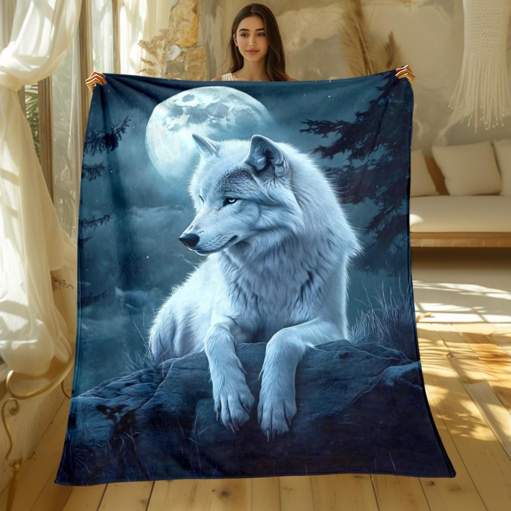 White Wolf Moon Night Flannel Blanket Soft Warm Animal Print Throw Blanket for Couch Bedroom Decor Cozy Home Textile Art Gift