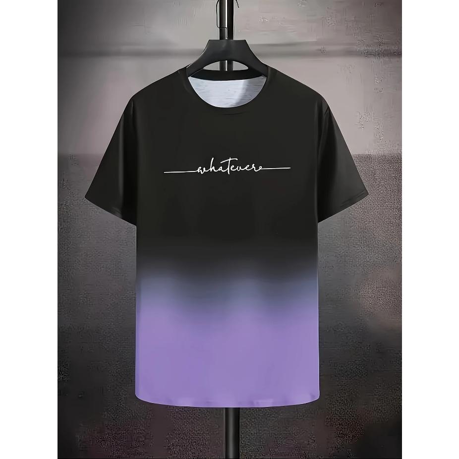 Summer Men's Gradient Color Casual Stretch Sports T-shirt, Round Neck Tee Shirt For Fashion