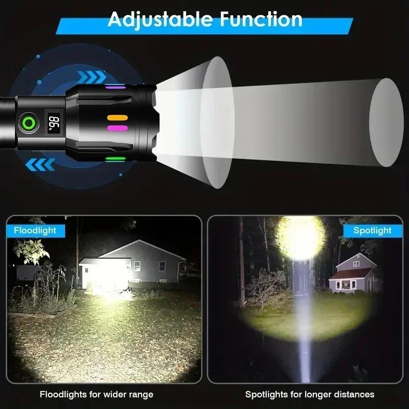 High Power Spotlight Long Range LED Flashlight  Aluminum Alloy Fluorescent Absorbing Film Luminous Colorful Zoom Flashlight Camping Emergency