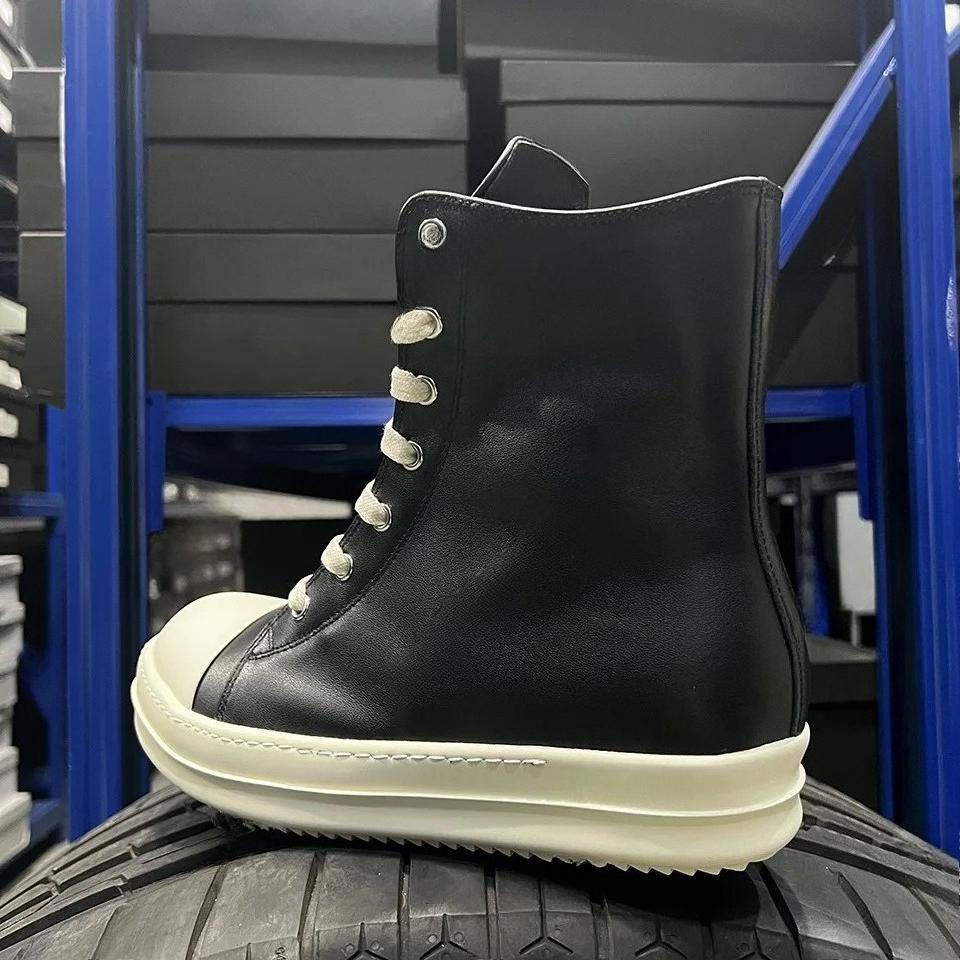 Dark Shadow R-o Genuine Leather High Top Black Zip Lace Up Casual Shoes Men Women Thick Sole Luxury Sneakers Flat Ankle Boots