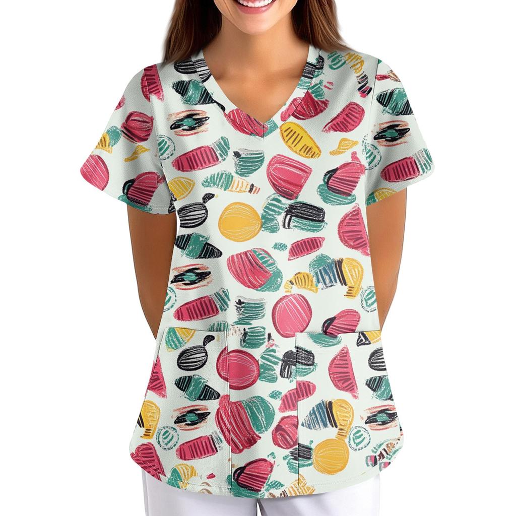 Women's Fruit And Floral Print Loose V-Neck Pocket Short Sleeve Uniform Uniform