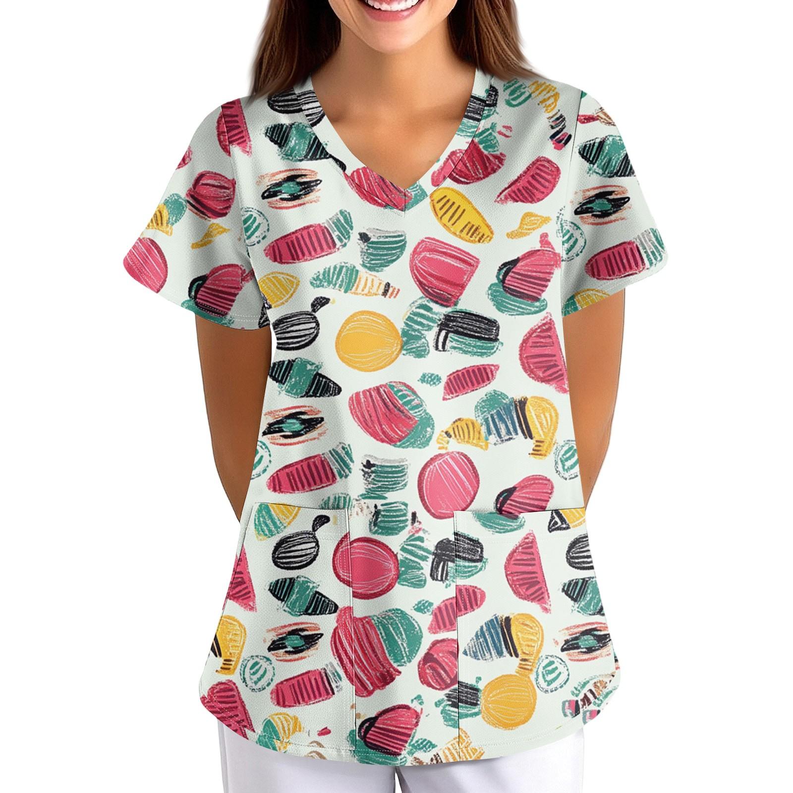 

Женская свободная униформа с фруктово-цветочным принтом, V-образным вырезом, карманом и коротким рукавом XXL белый