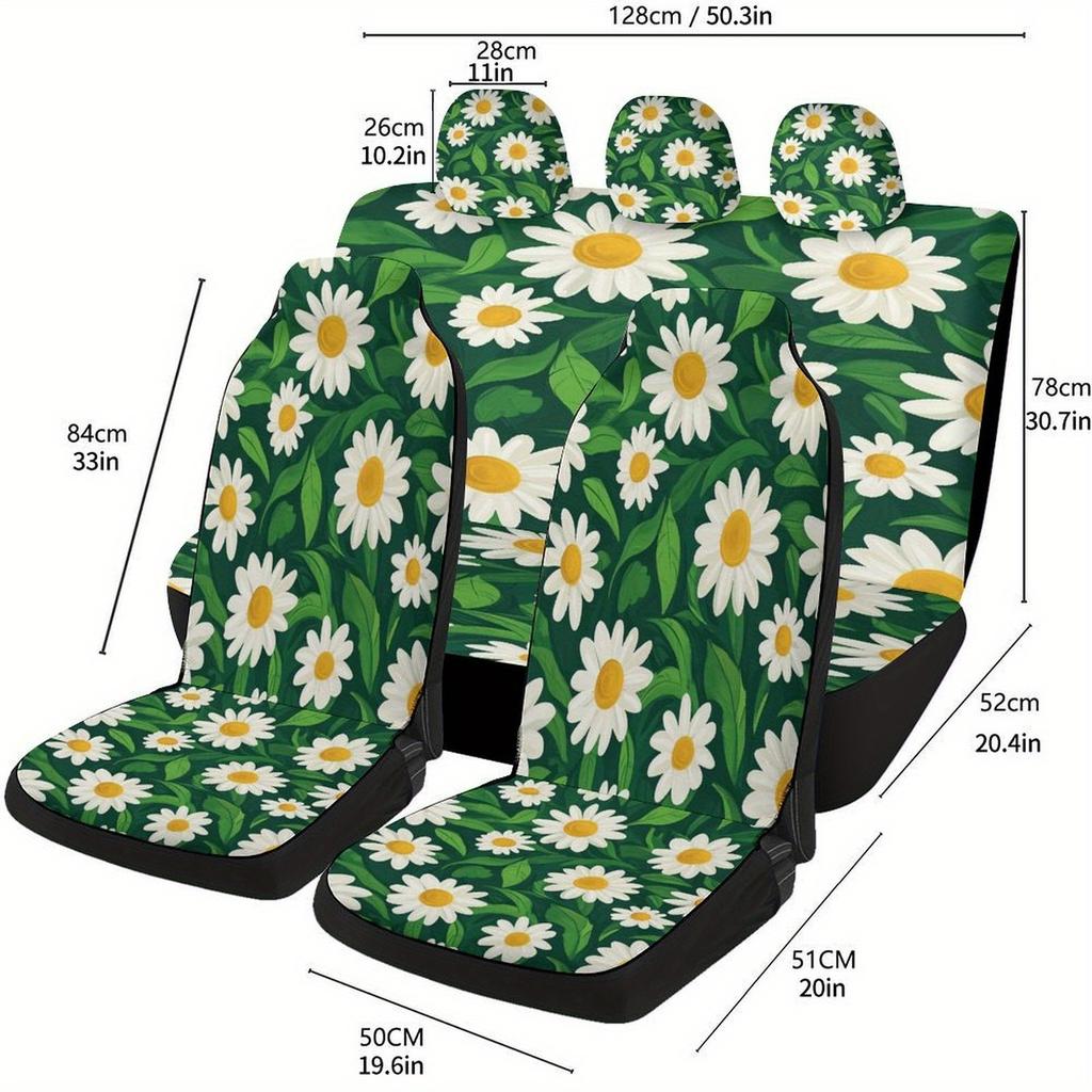 Daisy Pattern Themed Car Seat Covers Set For Most Cars, Fashionable Decorative Car Seat Protector Covers Full Set, Universal Car