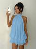 European and American New Solid Color Holiday Slim-fitting Sexy Backless Neck Waist Top Fluffy Short Skirt Dress Women