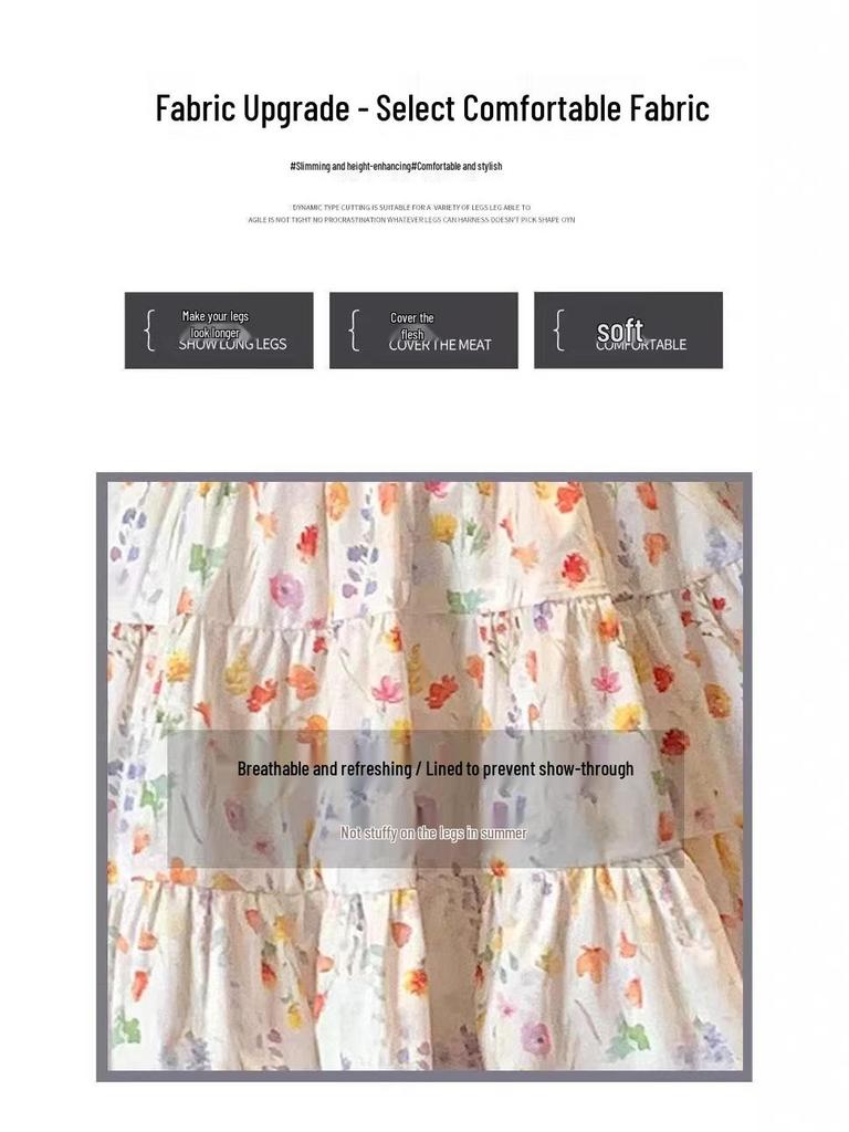 Women's Floral Print A-Line Mini Skirt - Summer High Waist, Slimming Korean Style, Sweet Pleated, Petite Layered Cake Design