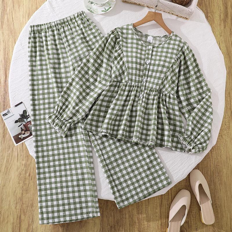 Girls Fall Fashion Set: Children s Casual Checkered Long-Sleeve Blouse and Pants Two-Piece Set 130cm=8Y зелёный