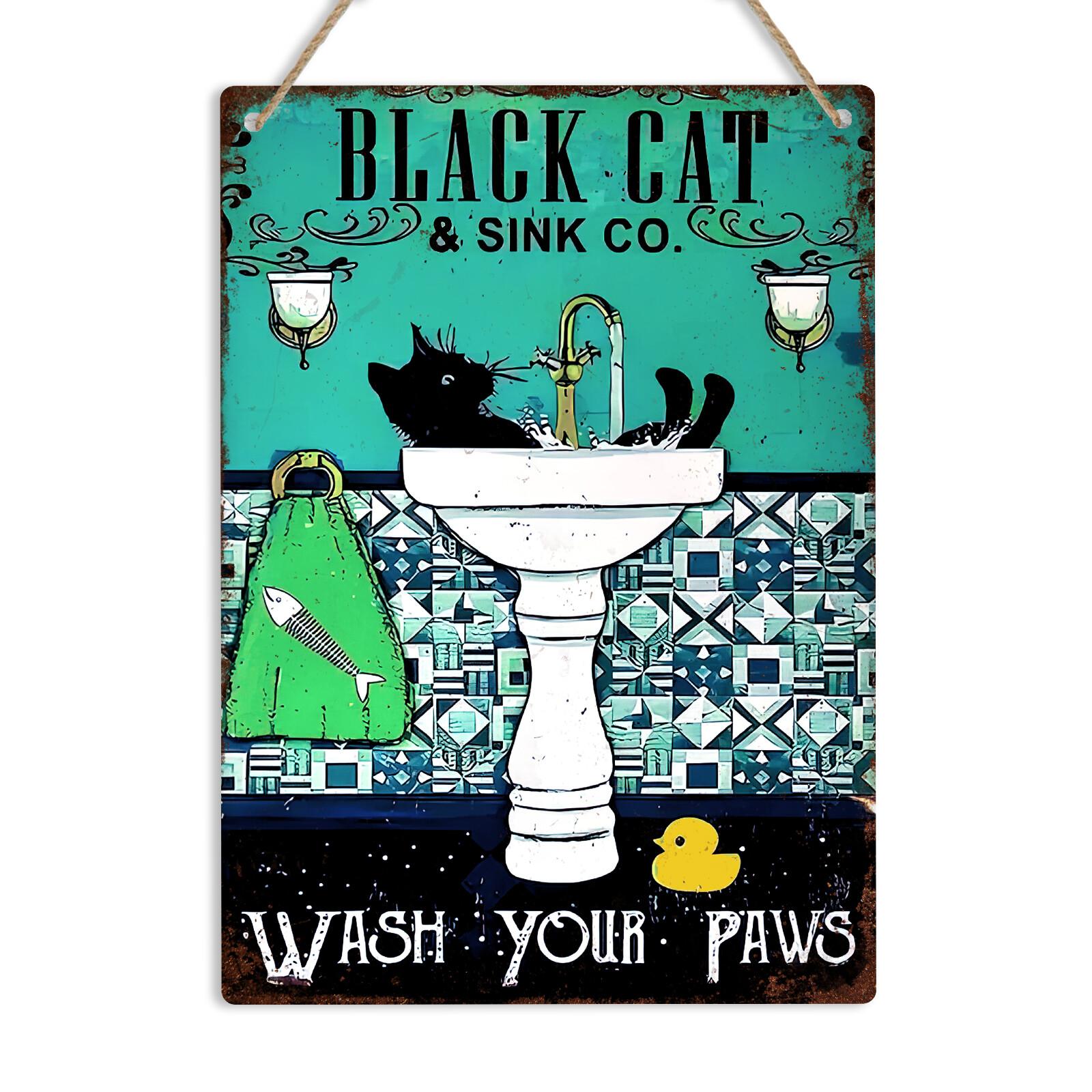 Black Cat Wash Your Paws Retro Bathroom Metal Sign Vintage Cat Lover Plaque Gift 20X30CM