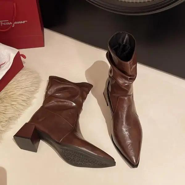 

2025 Новые Элегантные Женские Кожаные Ботильоны на Толстом Высоком Каблуке Осенне-Зимние Короткие Ботинки Женские Ботинки для Офисной Леди 41