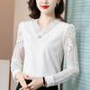 Women's Tops Large Size Ladies V Neck Beaded Shirt Lace Crochet Splicing Mesh Long Sleeve
