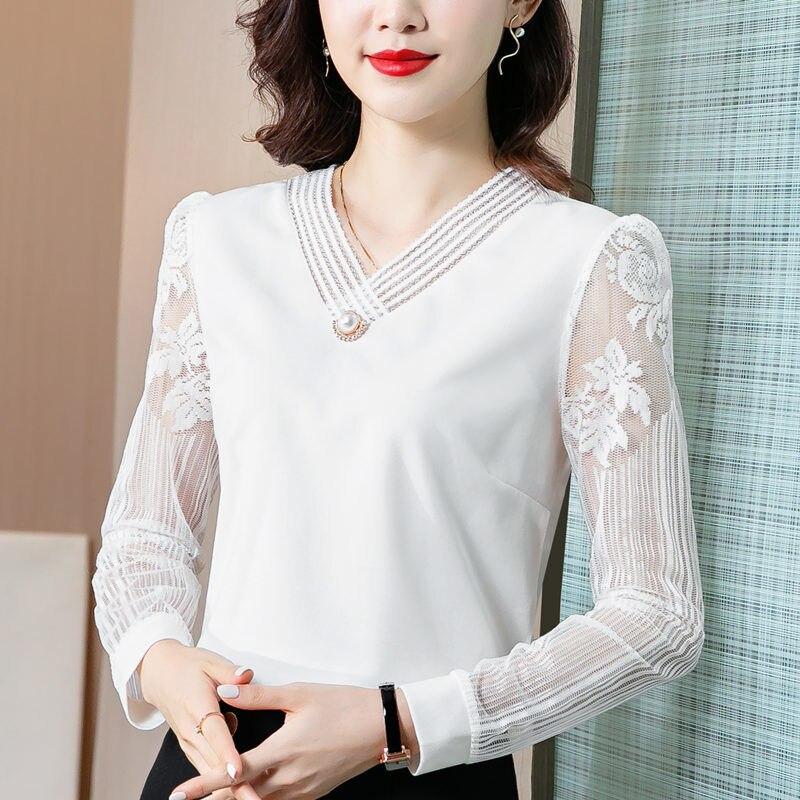 Women's Tops Large Size Ladies V Neck Beaded Shirt Lace Crochet Splicing Mesh Long Sleeve