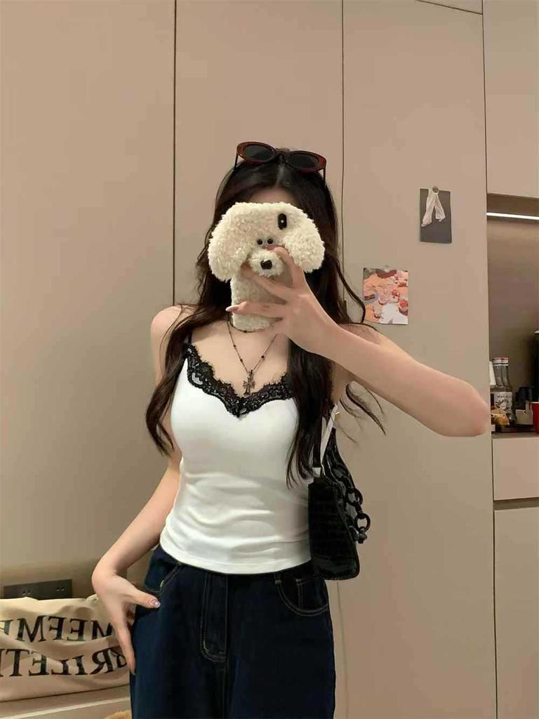 Graues Spitzen-Slim-Fit-Camisole mit eingebauten BH-Polstern - Damen Sommer Ärmelloses Top