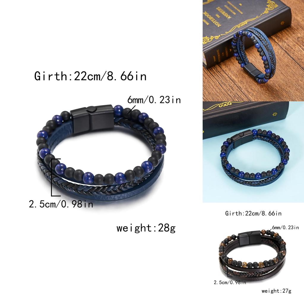 Geometric Style Mens Weaving Leather Wristband With Bead Design For Fashion And Travel