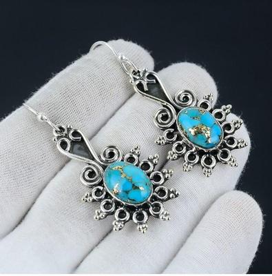 Blue Copper Turquoise Silver Earrings |Handmade Women Wedding Earrings 925 Sterling Solid Silver Smooth Pear Stone Earrings | Gift Idea2023