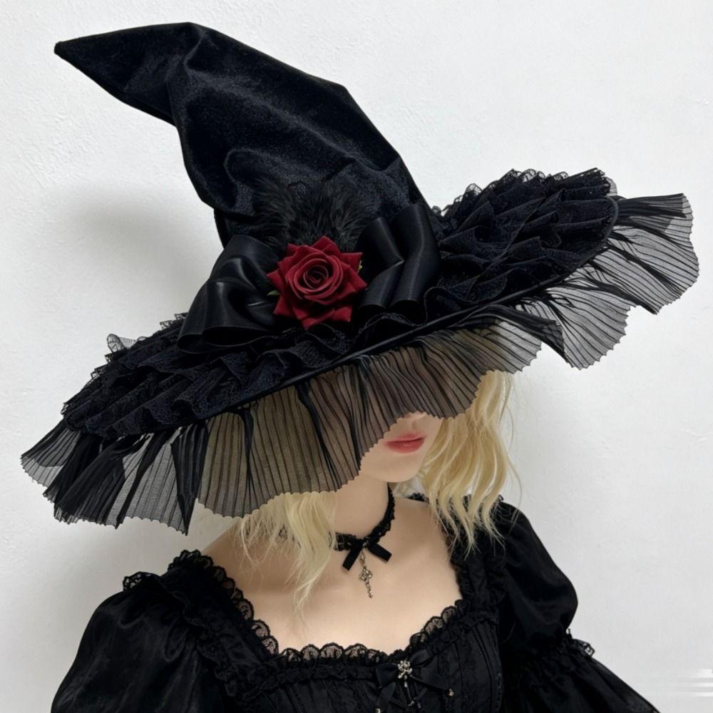 Rose Bowknot Halloween Witch Hat Wide Brim Wide Brim Hat Creative Witch Cosplay Hat  Unisex