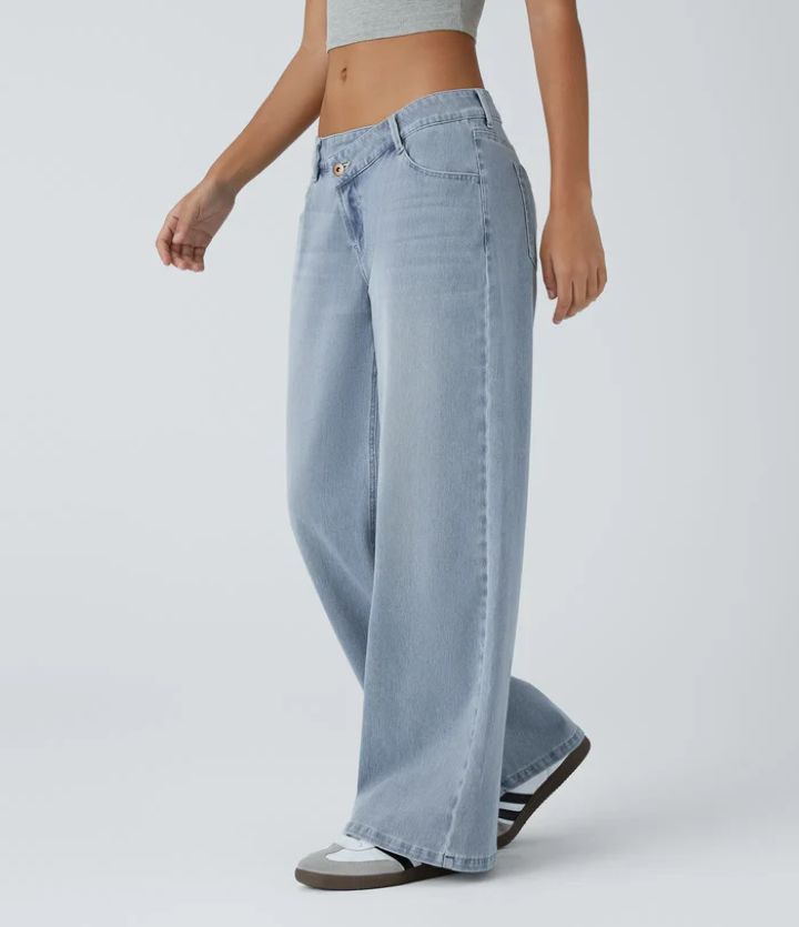 Blaue Asymmetrische Damenjeans Vintage Gewaschen Weiter Bein Gerader Denim-Hose Schwarze Baggy Hohe Taille Basic Hose Lässig
