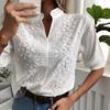 Frauen Casual Shirt Stickerei Floral Spitze Einfarbig Pullover Tops Stehkragen V-ausschnitt Halb