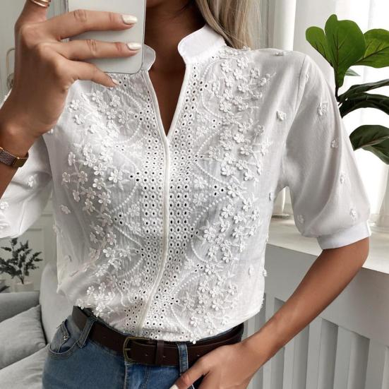 Frauen Casual Shirt Stickerei Floral Spitze Einfarbig Pullover Tops Stehkragen V-ausschnitt Halb