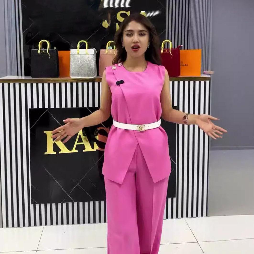 

Круглый вырез, пояс, без рукавов, белые топы с высокой талией, однотонные широкие длинные брюки, облегающий элегантный комплект из двух предметов, женский комплект из брюк L светло-розовый