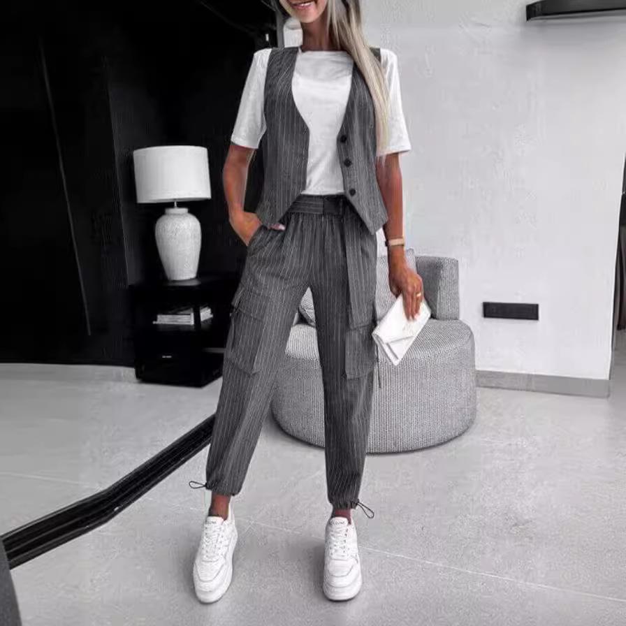 

Летний женский белый полосатый жилет костюм повседневный V-образный вырез пуговиц сверху карман свободные брюки наряды костюм из двух частей для женщин элегантный L серый