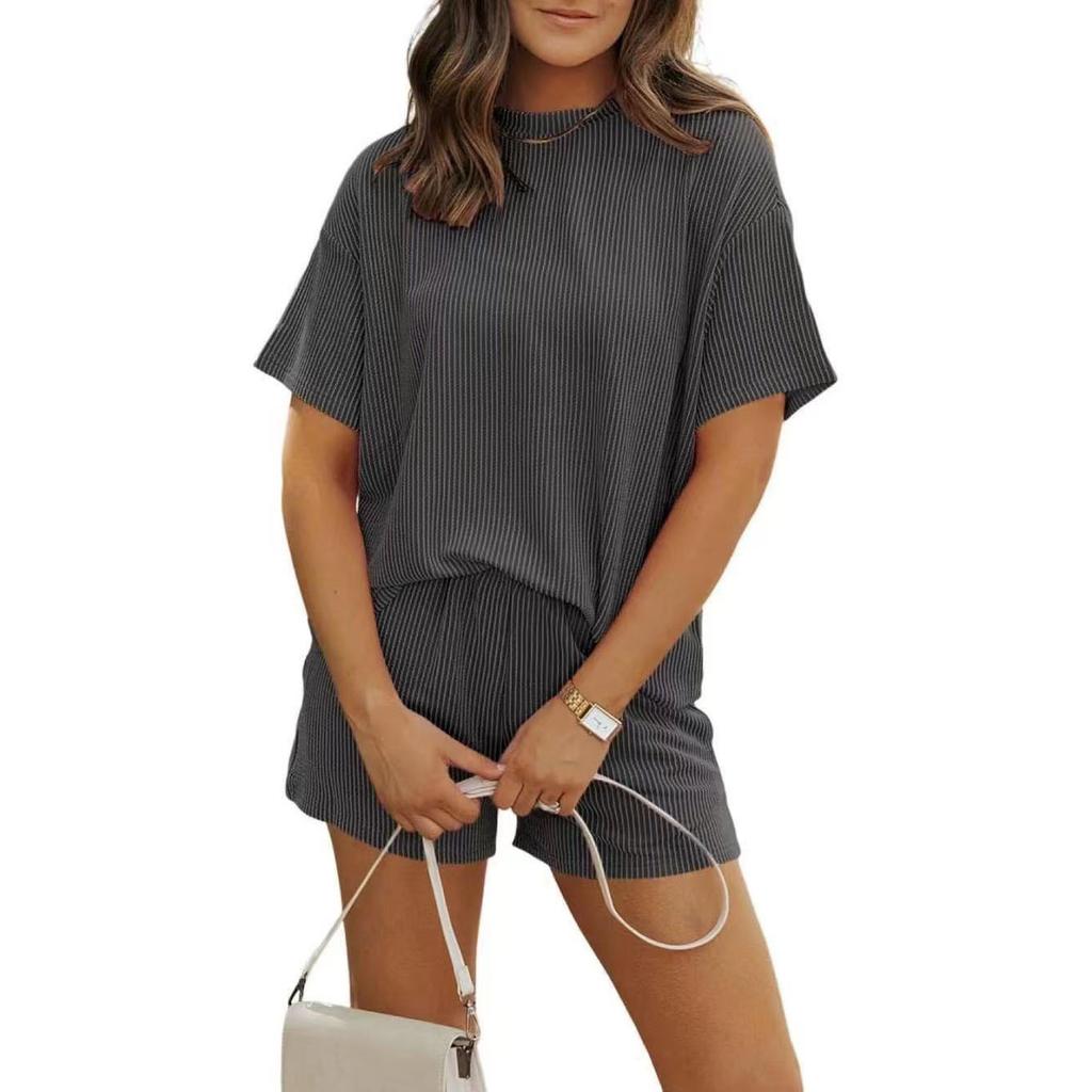 Women's Short-sleeved Wavy Round Neck Top Elastic Waist Shorts Two-piece Suit Ensemble Femme