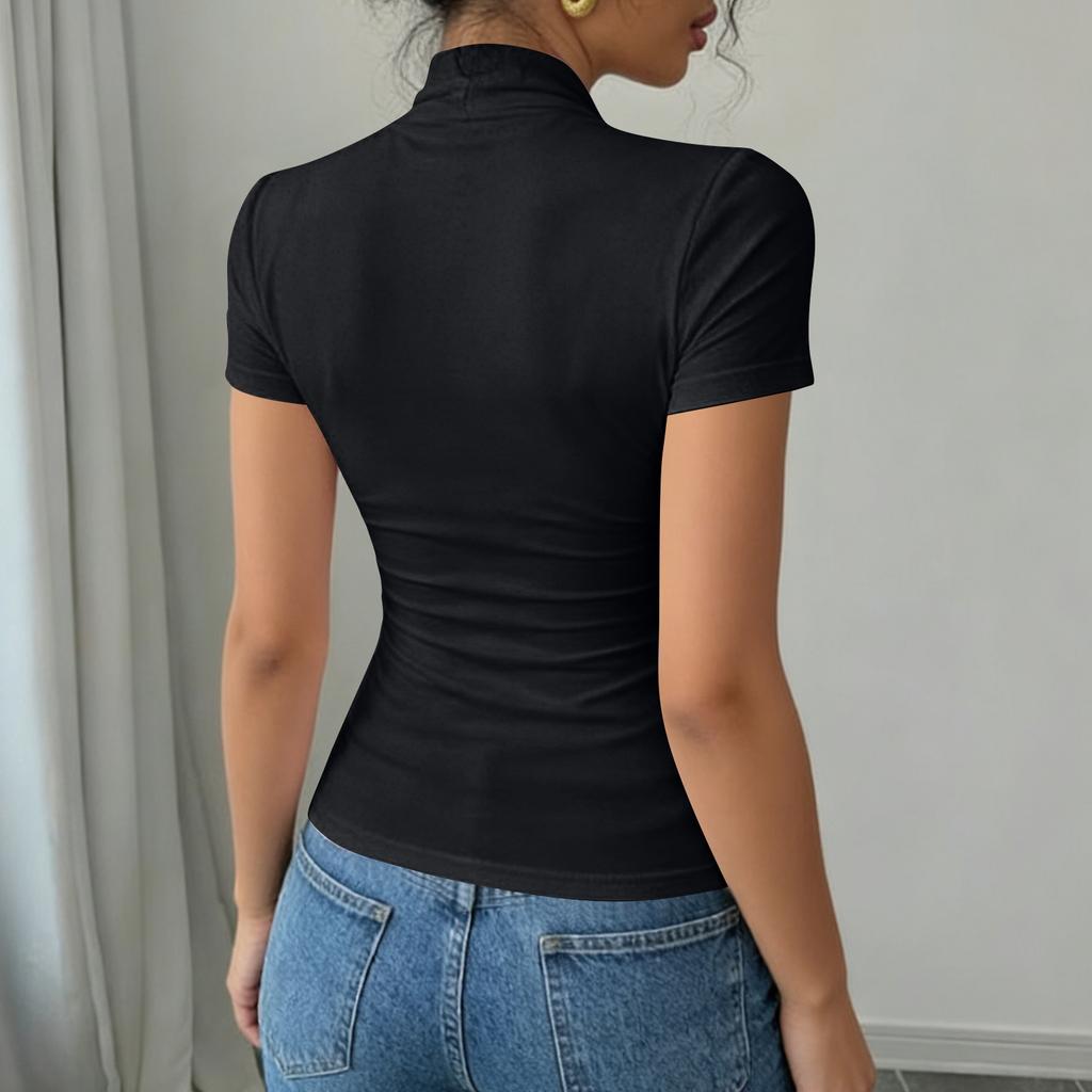 Camiseta de manga corta con cuello en V de color para mujer. Camiseta de capa base.