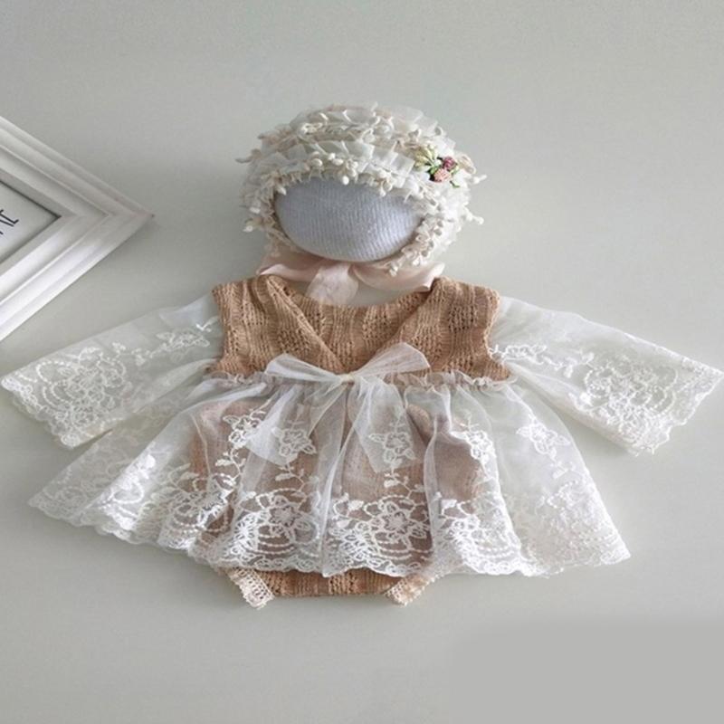 Baby Photography Props Lace Jumpsuits Bonnet Hat Newborns Photo Props Photoshoots Headwear Infant Photo Posing Outfit