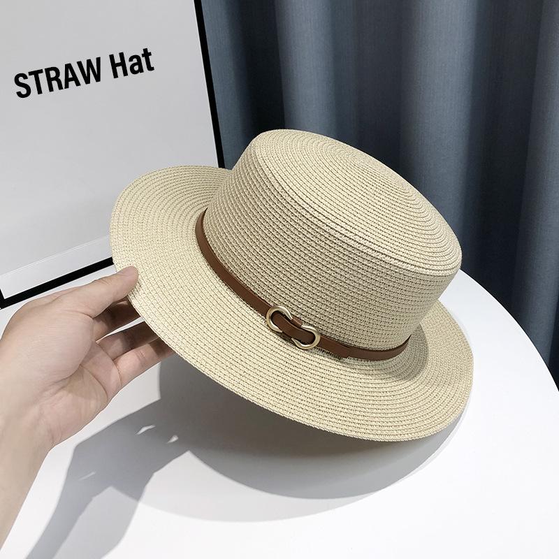 British style flat top straw hat women's summer straw shading hat belt buckle holiday beach sun hat