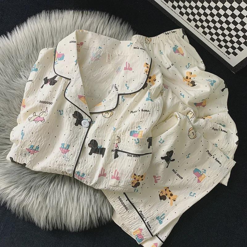 "Dámské bavlněné pyžamo s třešňovým medvídkem - Jaro/Podzim, Dlouhý rukáv, Roztomilý kreslený svršek"