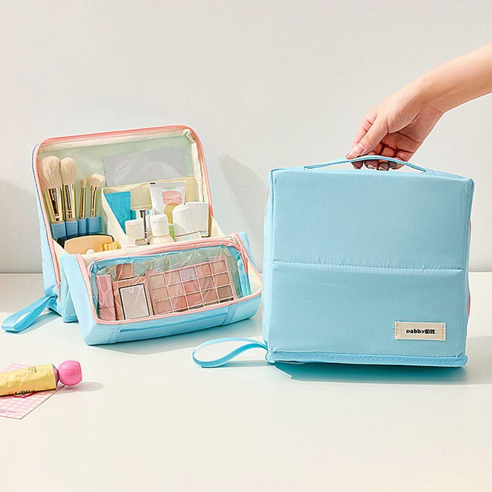 Large Capacity Vertical Makeup Bag Multi-Compartment Standable Skincare Storage Bag Portable Partitioned Student Stationery Bag