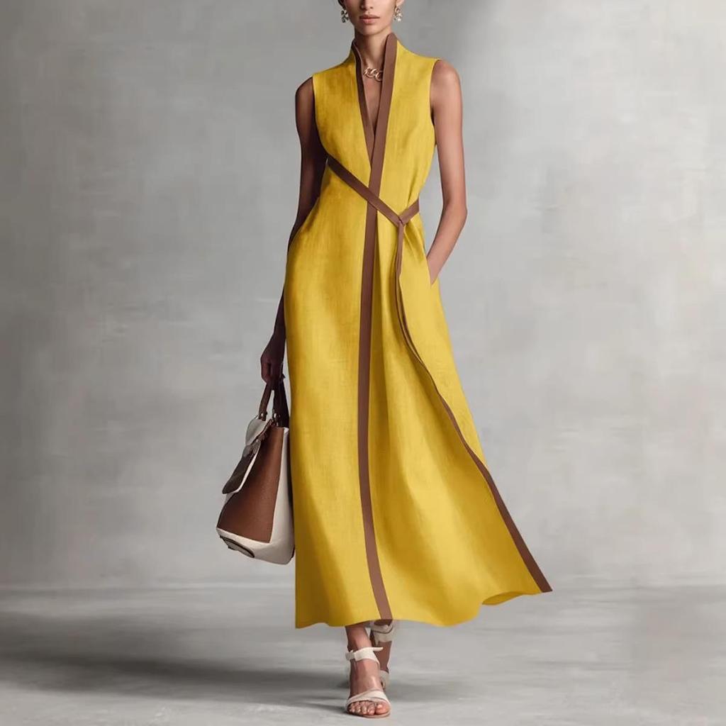 2026 Spring European & American Women's Color Block Sleeveless V-neck Cotton Linen Elegant Dress