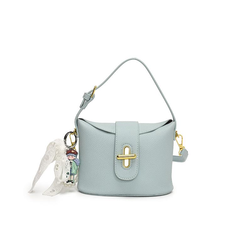 New Popular High-end Lychee Pattern Solid Color Portable Bucket Bag Fashionable Versatile Niche Commuter Style Messenger Women's Bag