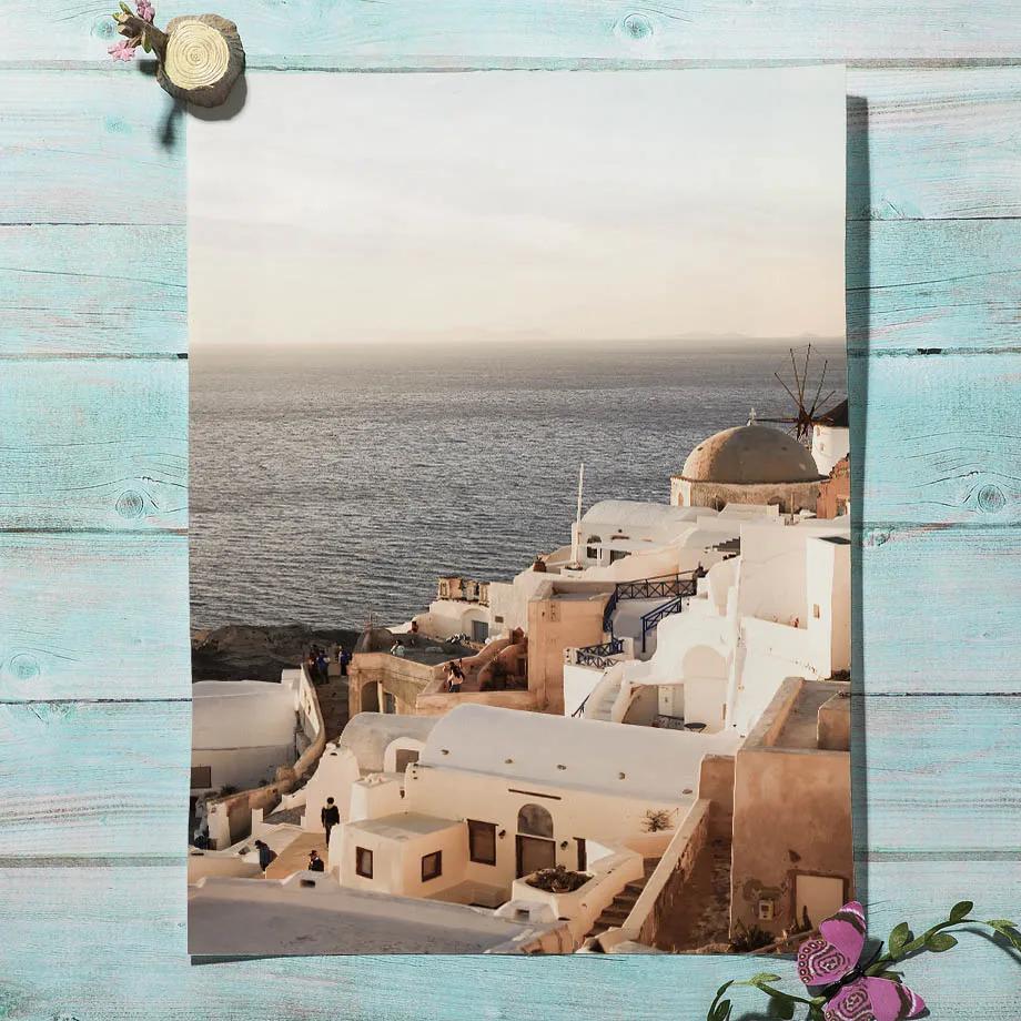 Griechenland Küsten Poster Santorini Meer Terrasse Baum Haus Strand Wand Kunst Leinwand Malerei Druck Bilder Wohnzimmer Wohnkultur