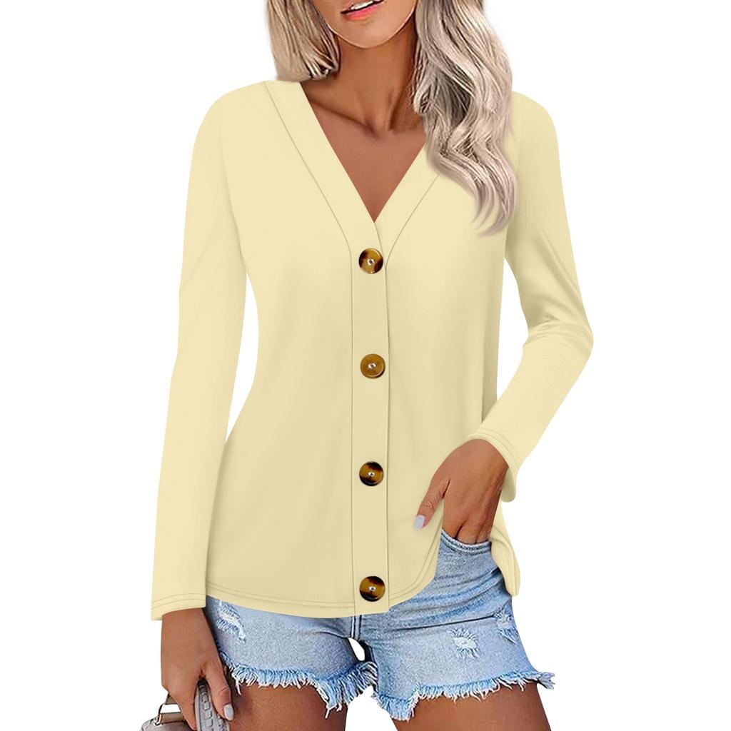Women's Fashion Casual Solid Color Button-down Shirt Long Sleeve Tops