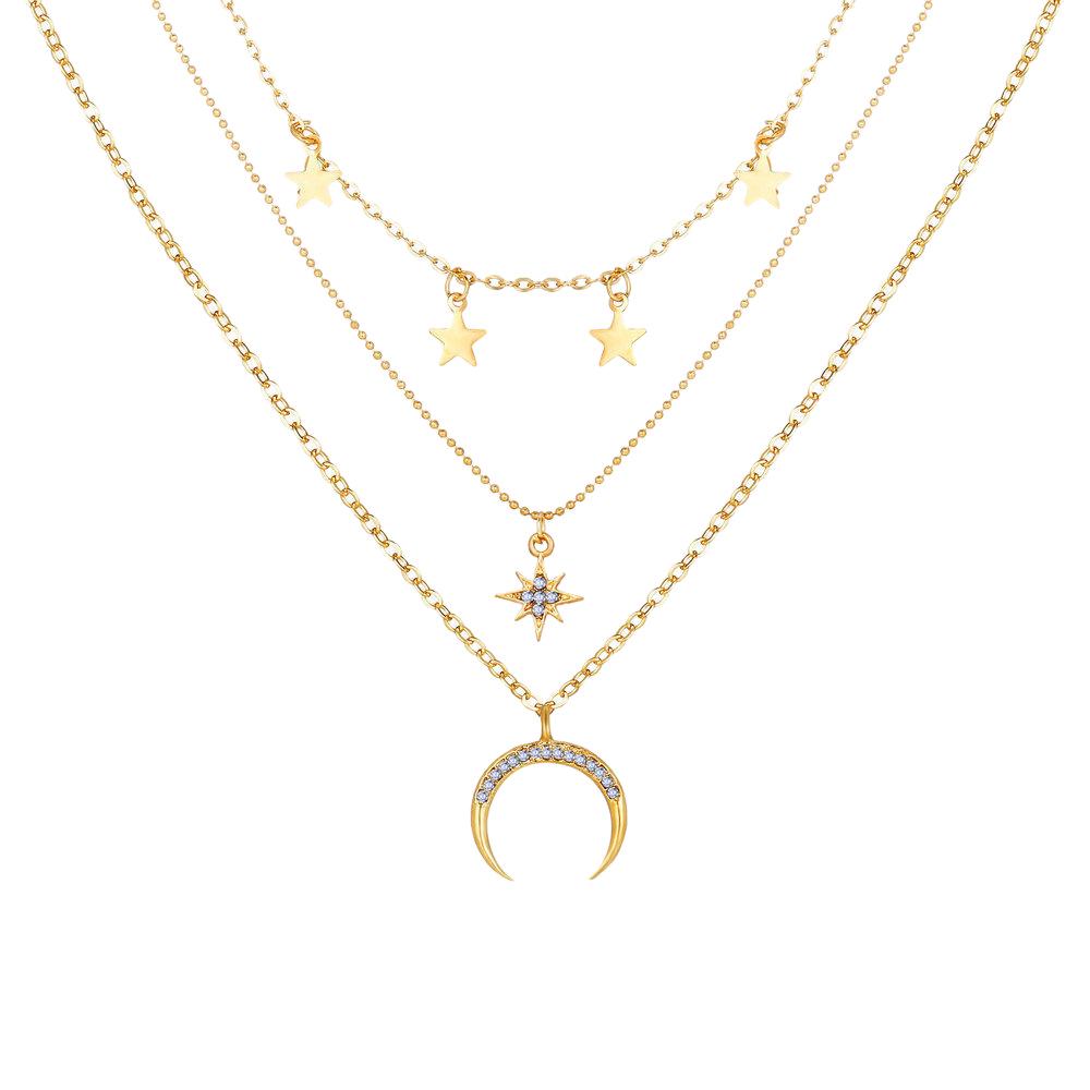 European & American Street Style Star & Moon Multi-layer Diamond Pendant Necklace for Women
