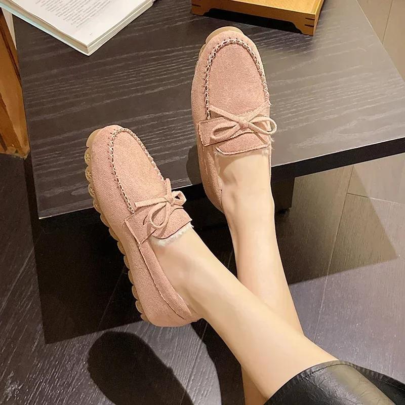Fashion Bow Winter Women's Moccasins Flats Non-slip Flat Shoes Female Warm Loafers Slip-on Comfort Cotton Shoes Zapatos De Mujer