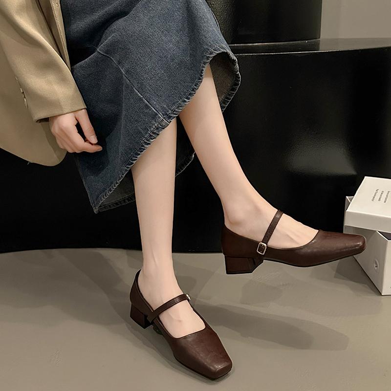 Fashion Square Toe Women Loafers Shoes Autumn Mid Heels Shallow Leather Shoes Woman 2025 Trend Fashion Brand Cozy Walking Zapatos Mujer