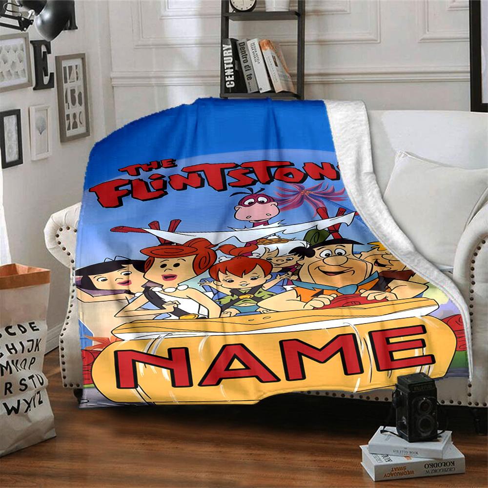 The Flintstones Family Adventure Lightweight Personalized Blanket Customize Text Comfortable Perfect For Sofa Couch Office Bed Picnics Four Seasons