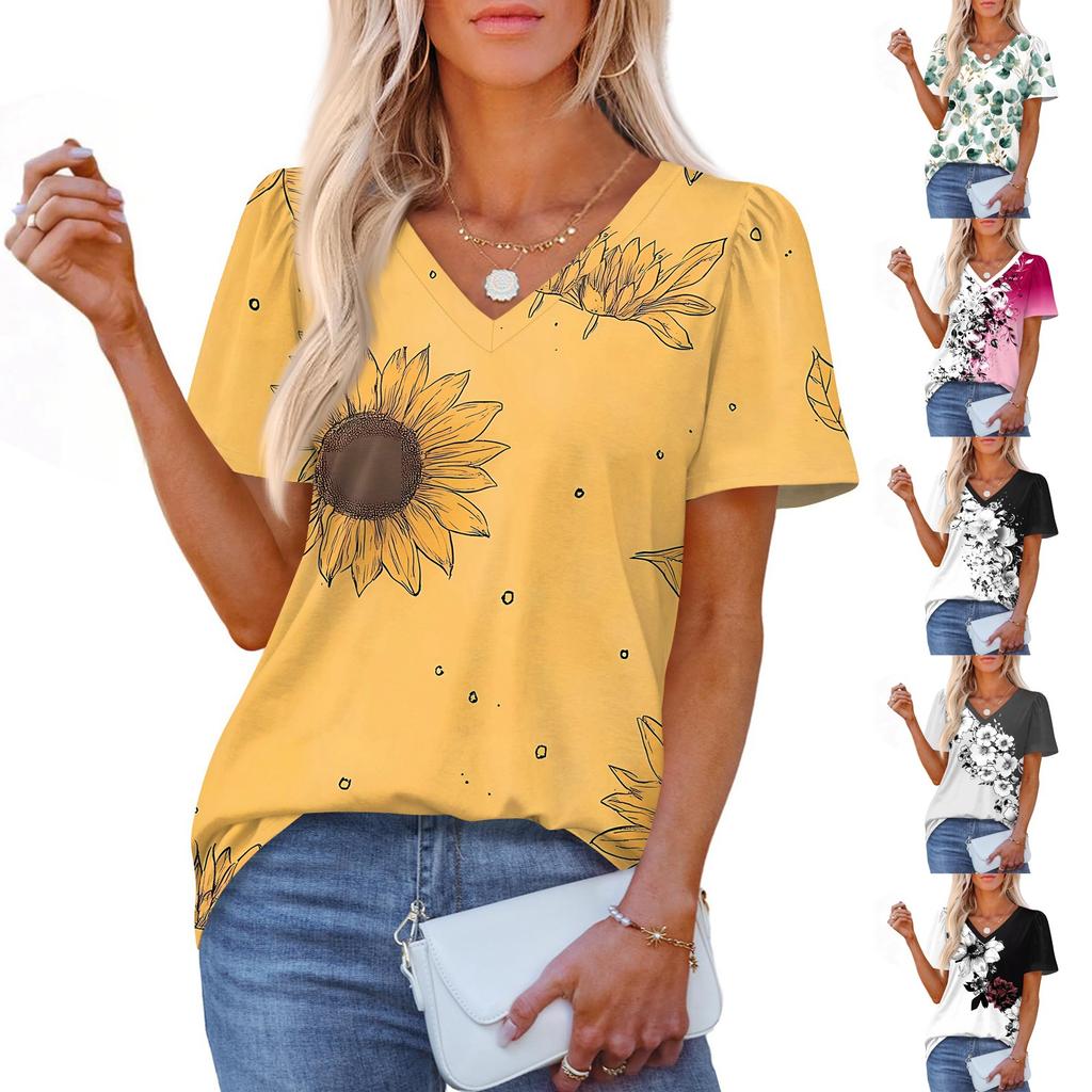 Women's Fashionable Casual Short Sleeve Print V-Neck Pullover Top