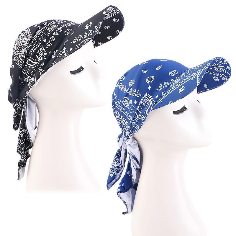 2Pcs Paisley Brimmed Headscarf Hat Outdoor Sun Hat With Strap Duckbill Square Scarf Sun Hat JDT-234H black/denim blue