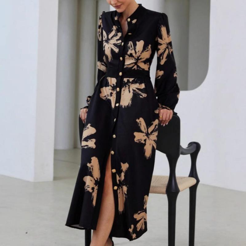 Damen Französisches Druckkleid V-Ausschnitt Langarm Taillenkleid