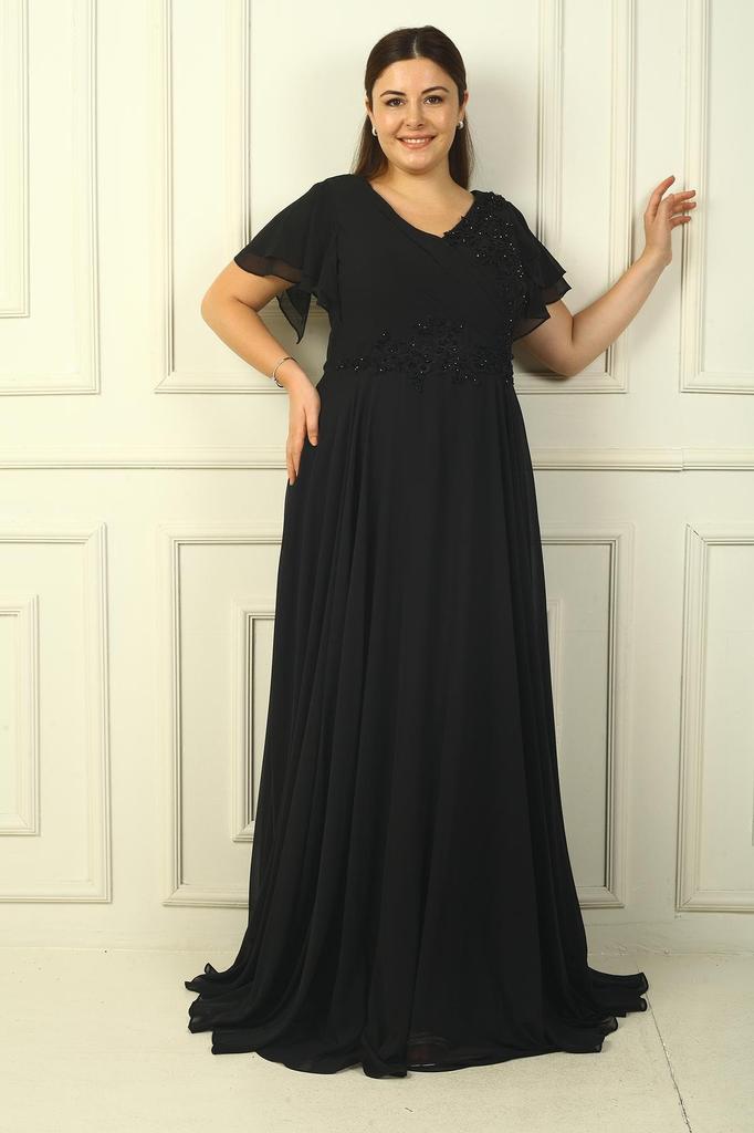 Langes Chiffonkleid für Damen mit V-Ausschnitt vorne und hinten, drapiert, mit Perlen bestickt, gefüttert, Übergröße