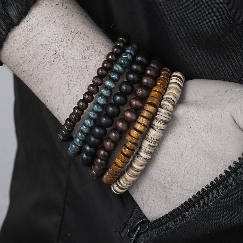 Mehrschichtiges, stapelbares Armband-Set aus Holzperlen für Damen und Herren im handgefertigten afrikanischen Türkis-Stil