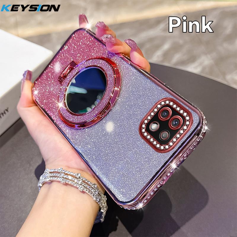 KEYSION Luxury Glitter Jewelled Magnetic Phone Case for Samsung Galaxy A22 A22S 5G A12 M12 Makeup Mirror Stand Shockproof Cover