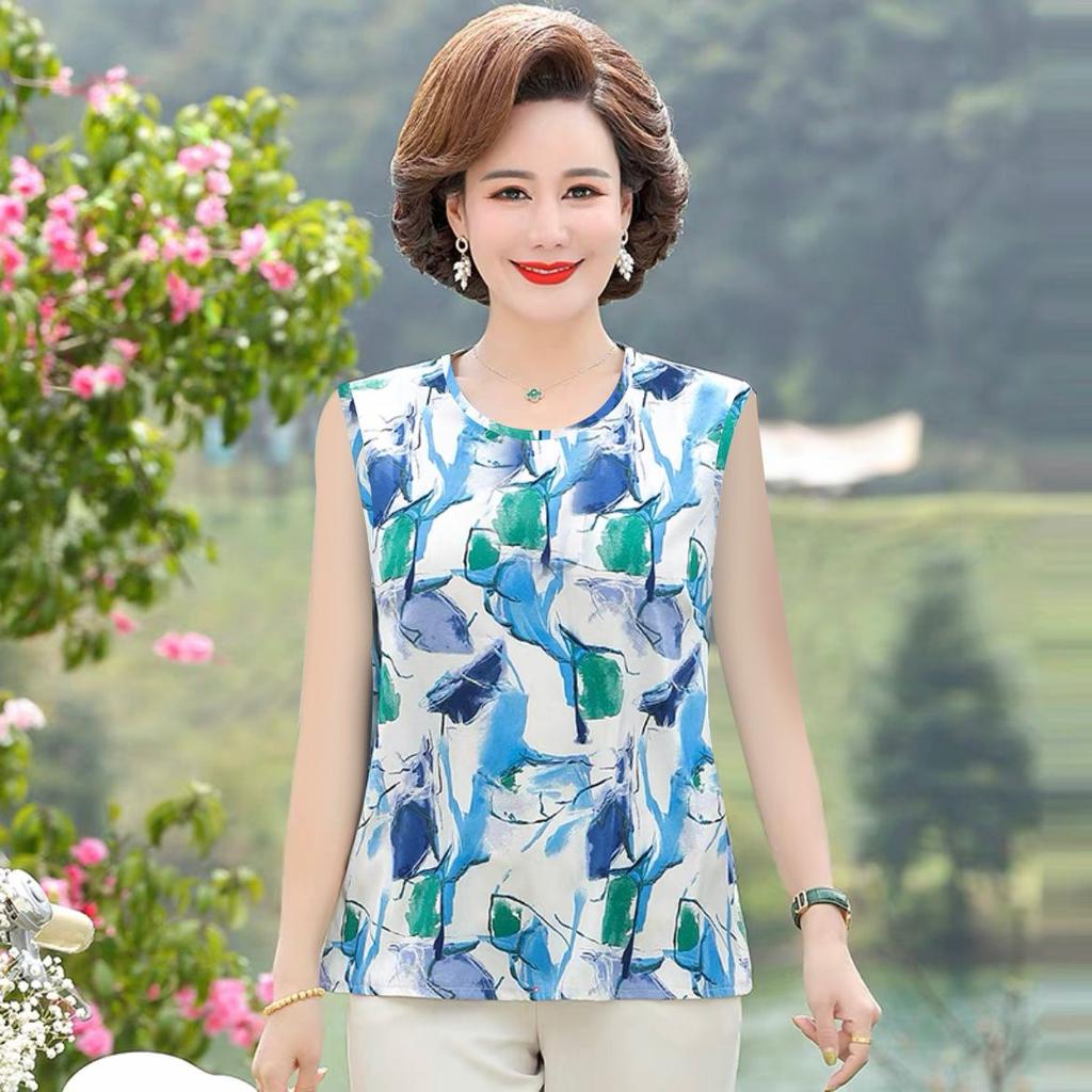 Mom's Summer Middle-aged and Elderly Plus Size Loose Round Neck Loose Ice Silk Vest