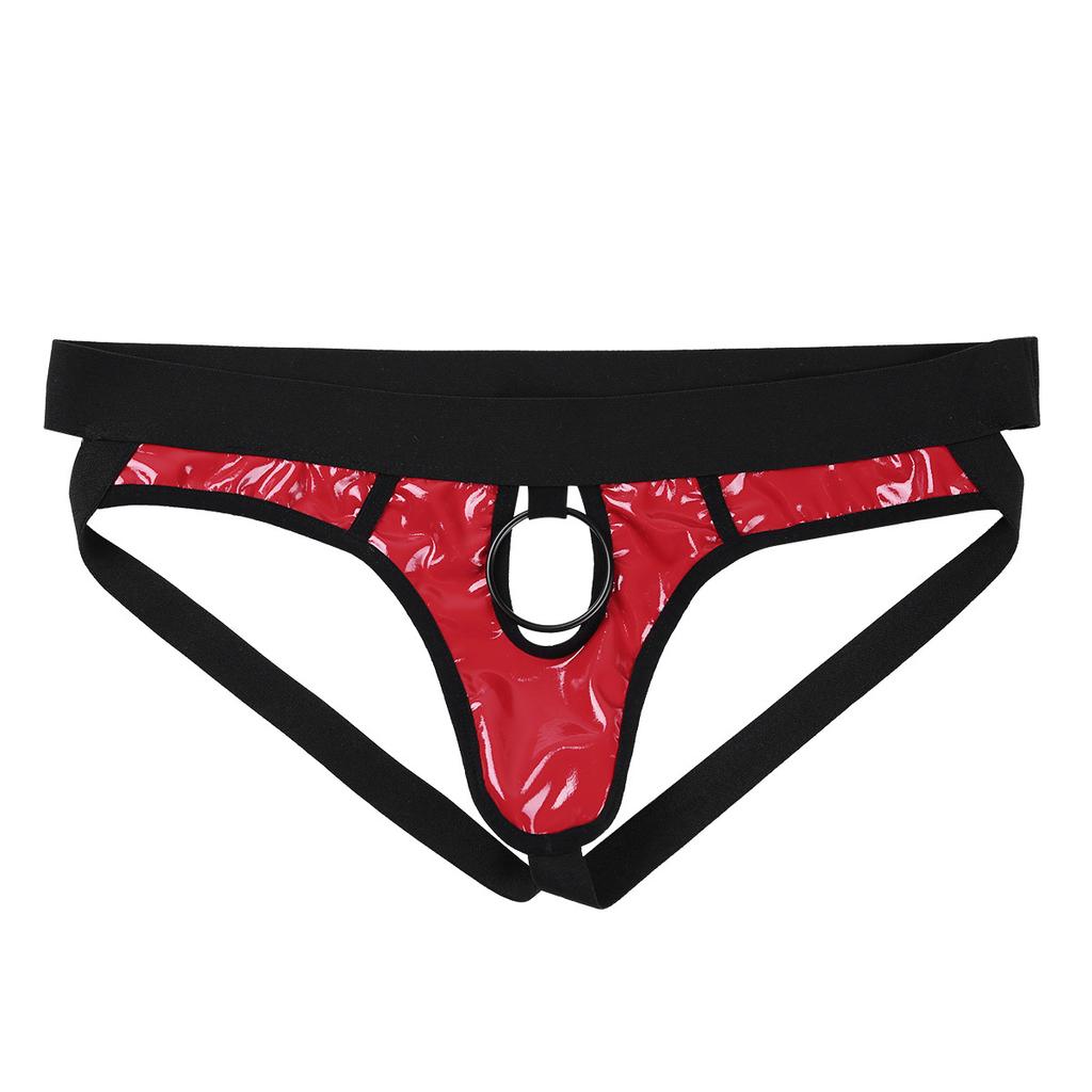 Men’s Lingerie Faux Leather Jockstrap Low Rise G-String Open Back Hollow Out Metal O-Ring Bikini Underwear for Date Night