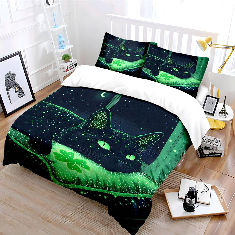 Glowing Green Cat By Window Bedding Set For Kids Luxury Gift 3Pcs Digital Print Comforter Set Soft Comfortable Breathable