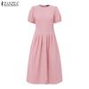 ZANZEA Lässiges Damen-Sommerkleid mit Rundhalsausschnitt und kurzen Ärmeln