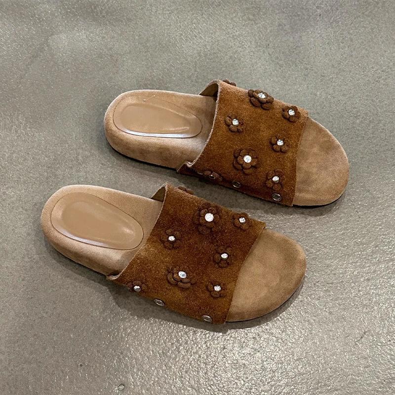 

Fashion Flower Women Flats Slippers Casual Sandals Woman Shoes Summer 2025 New Beach Dress Shoes Fashion Flip Flops Walking Slides Mujer 35 коричневый
