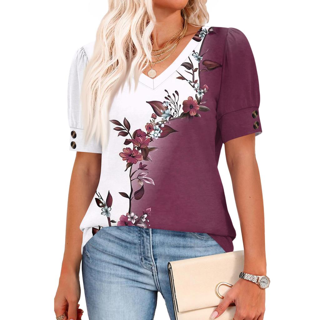 Womens Tops Short Sleeve Shirts Buttons V Neck  Fashion Outfits  Blouses  Casual