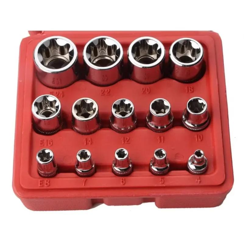 Set 14 Pezzi Chiavi a Bussola E-Torx Stella Femmina con Custodia 1/4, 3/8, 1/2 in. Set di chiavi a bussola esagonali esterne E4-E24 Set di chiavi a bussola per coppia